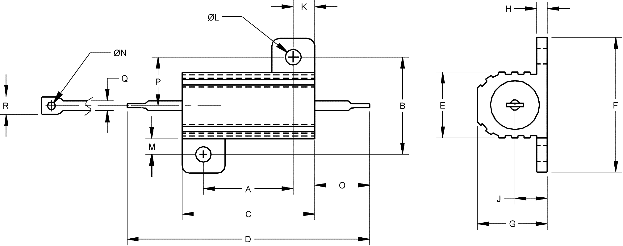Chassis mount resistor Mechanical Characteristics and Dimensions